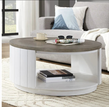 Flexsteel Melody 35” Round Coffee Table – White Oak & Gray Parquet Finish