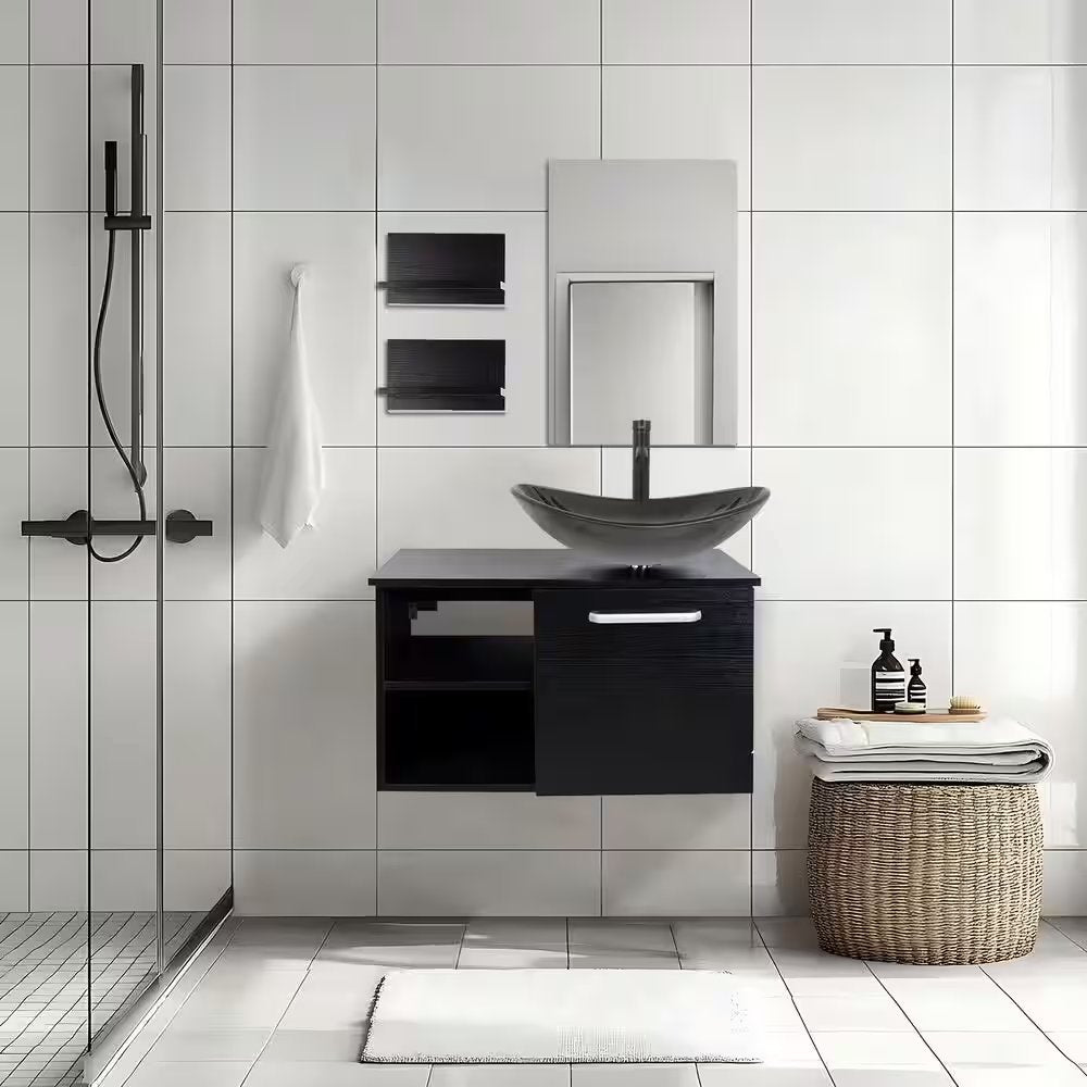 28 in. W x 19 in. D x 28 in. H Single Sink Bath Vanity in Black with Black Solid Surface Top and Mirror and Sink
