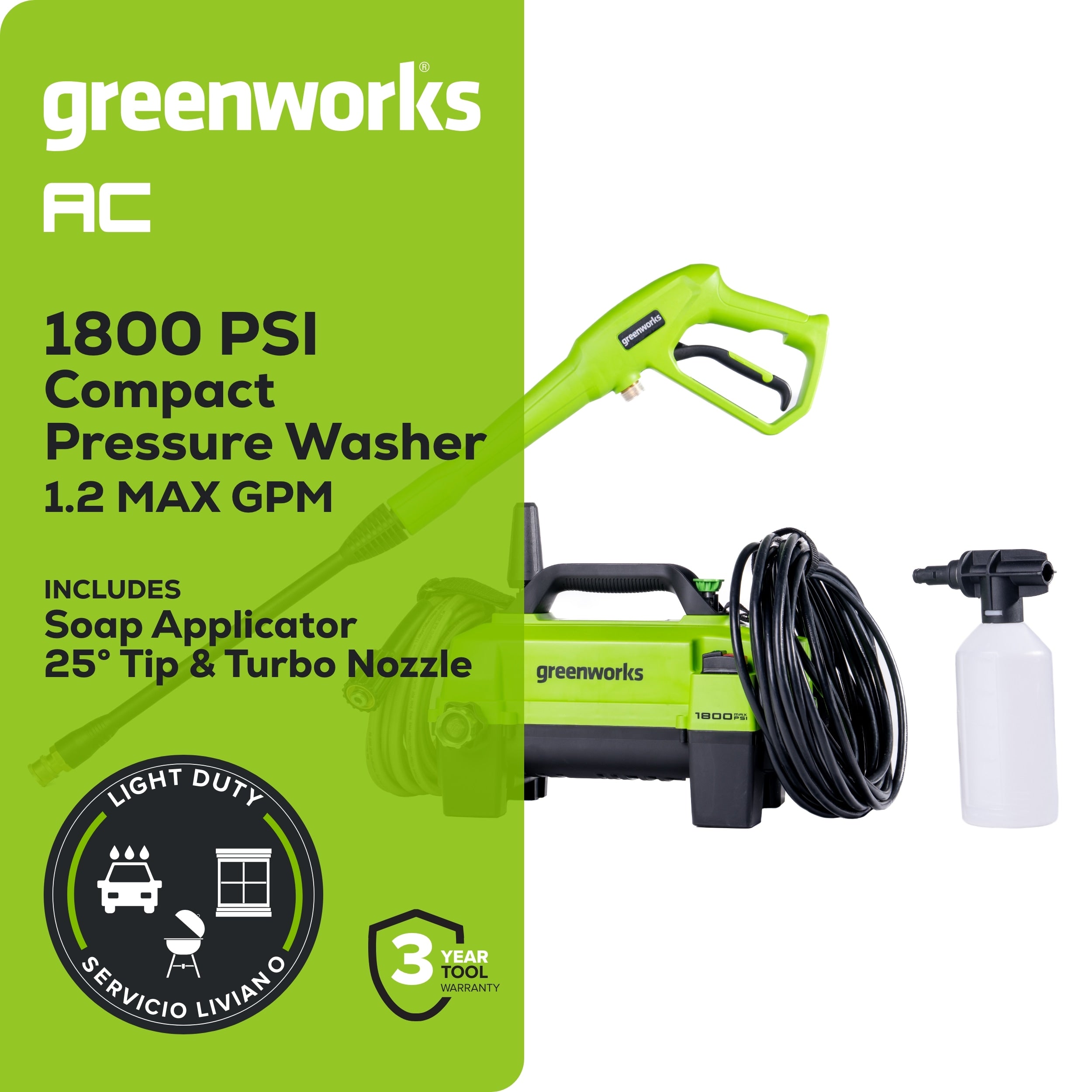 Greenworks 1800-PSI 1.2-GPM Cold Water Electric Pressure washer with 2 Spray Tips