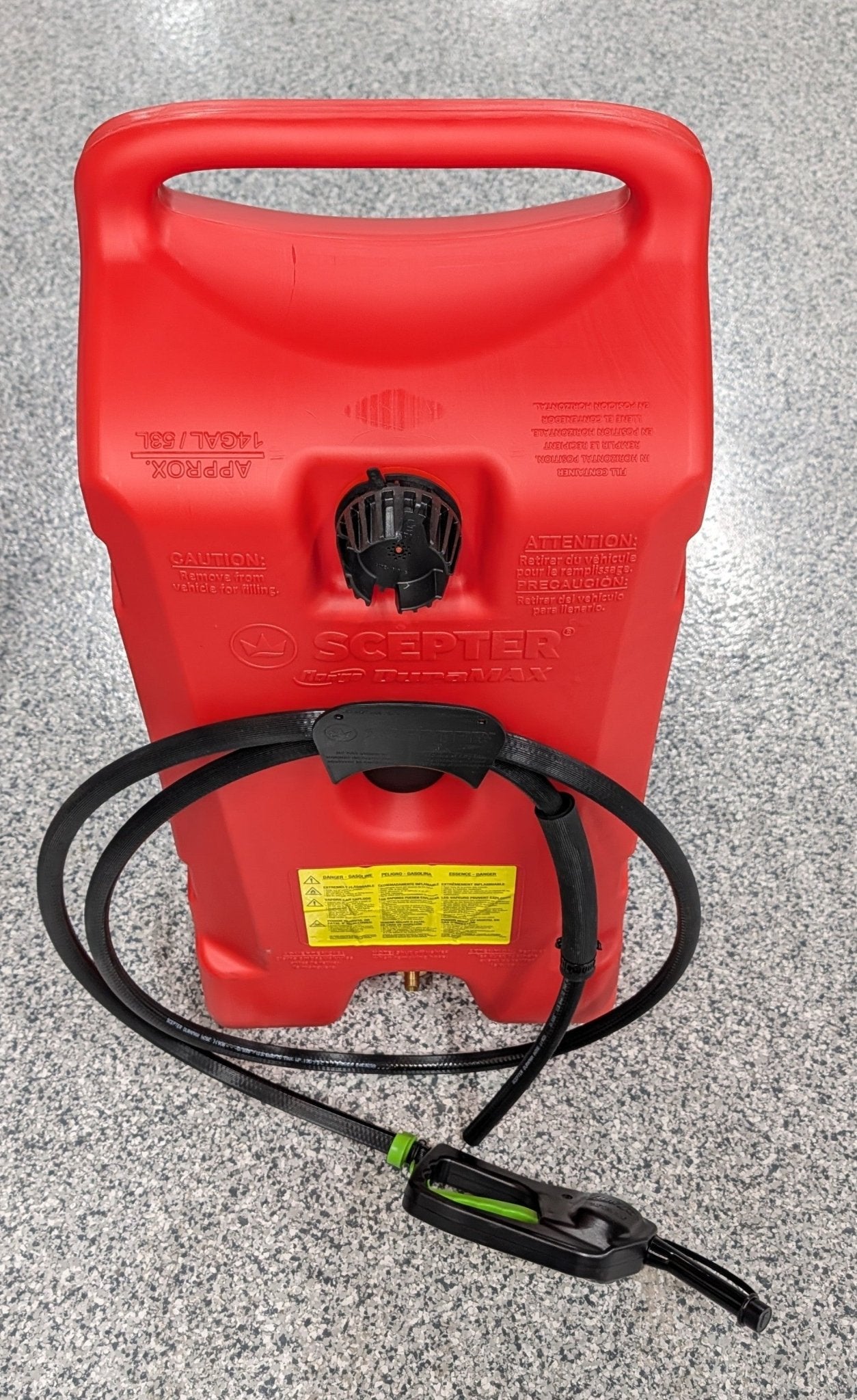 14 Gal. Fluid Transfer with Flo N Go Hand Pump and 10 ft. Long Fuel Hose - Stu's Home Improvement Outlet