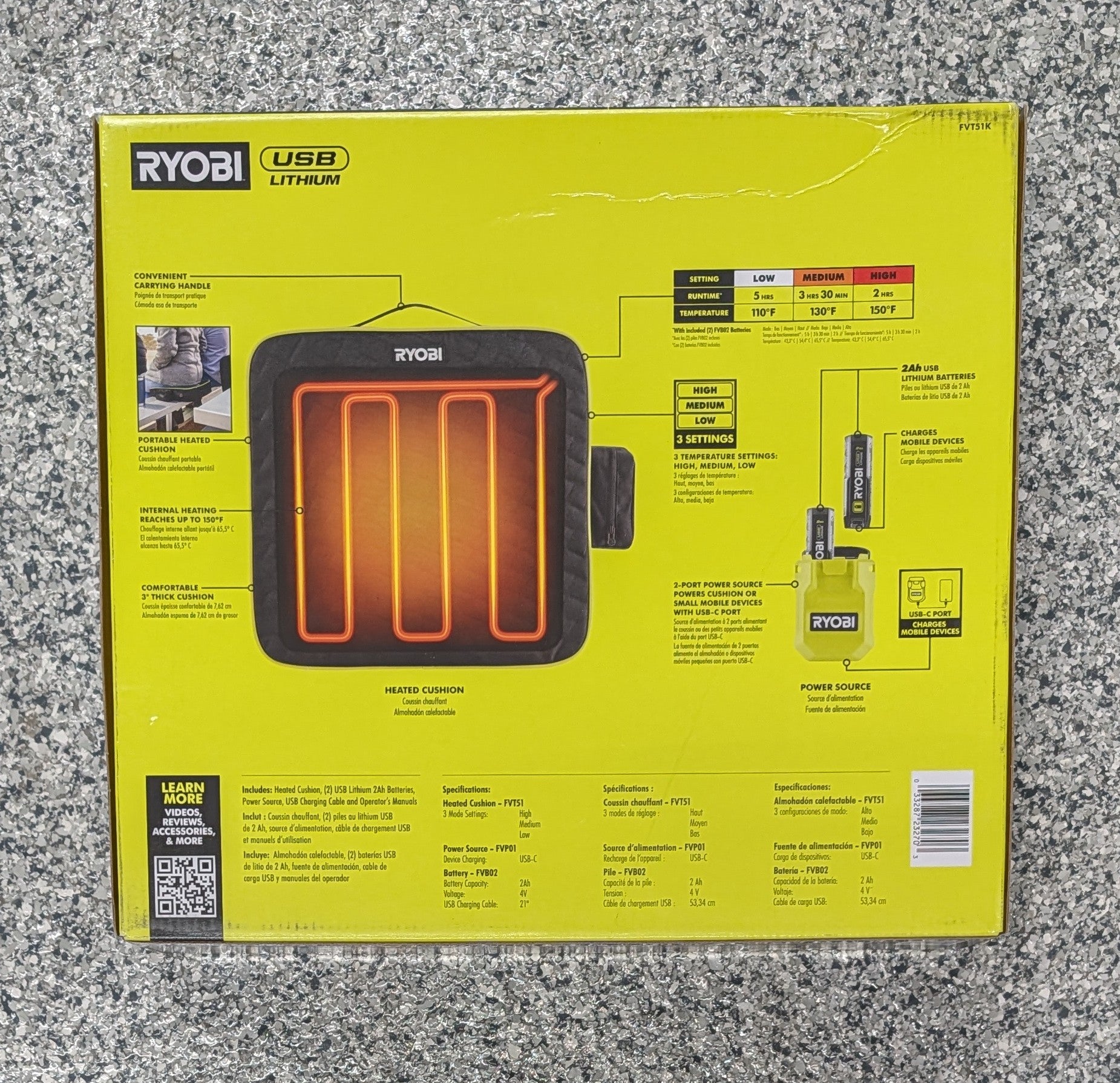 RYOBI USB Lithium Cordless Heated Cushion Kit with (2) 2.0 Ah Batteries and Charging Cable