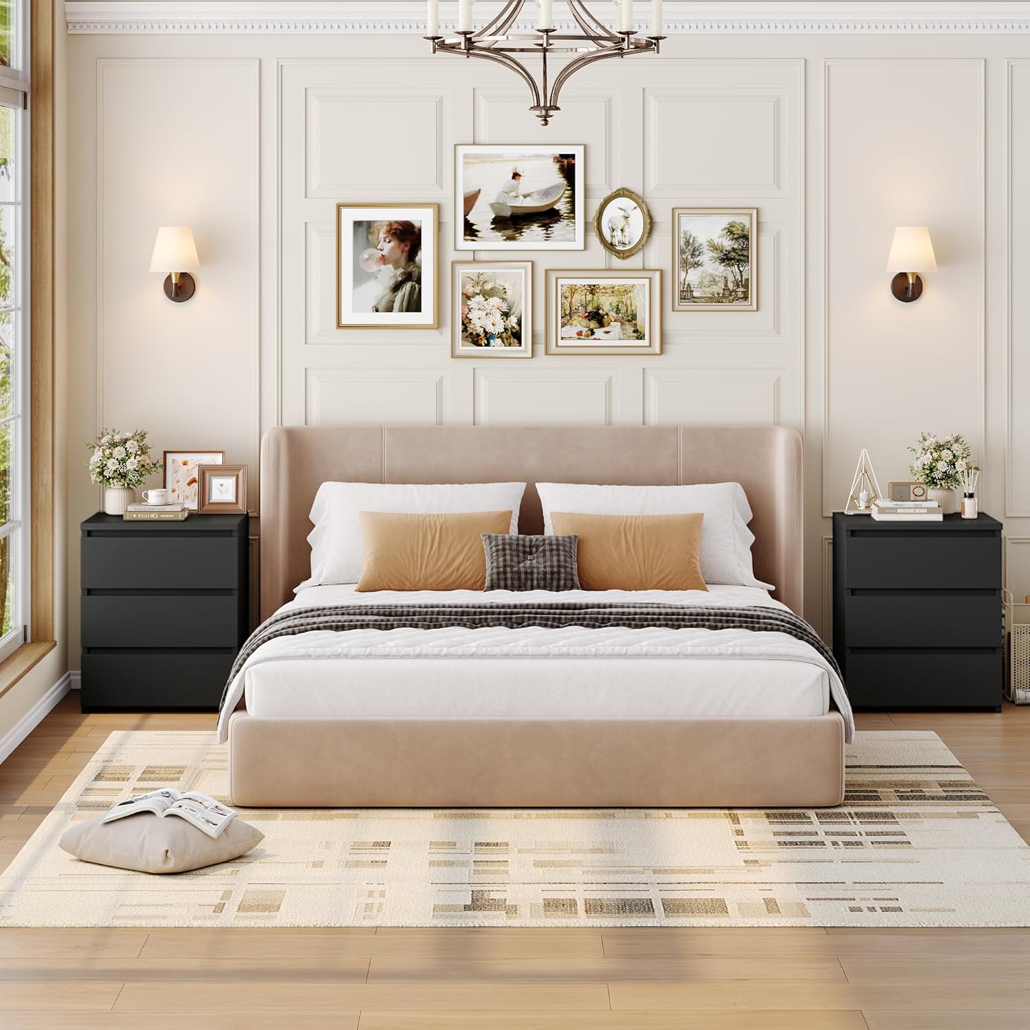 FOTOSOK Nightstand Set of 2 Black Nightstand with 3 Drawers, Black Bedside Table Night Stand for Bedroom with Cut - Out Handle, Sofa Side Table 3 Drawer Nightstand for Bedroom, 17.7W*15D*21.7H - Stu's Home Improvement Outlet