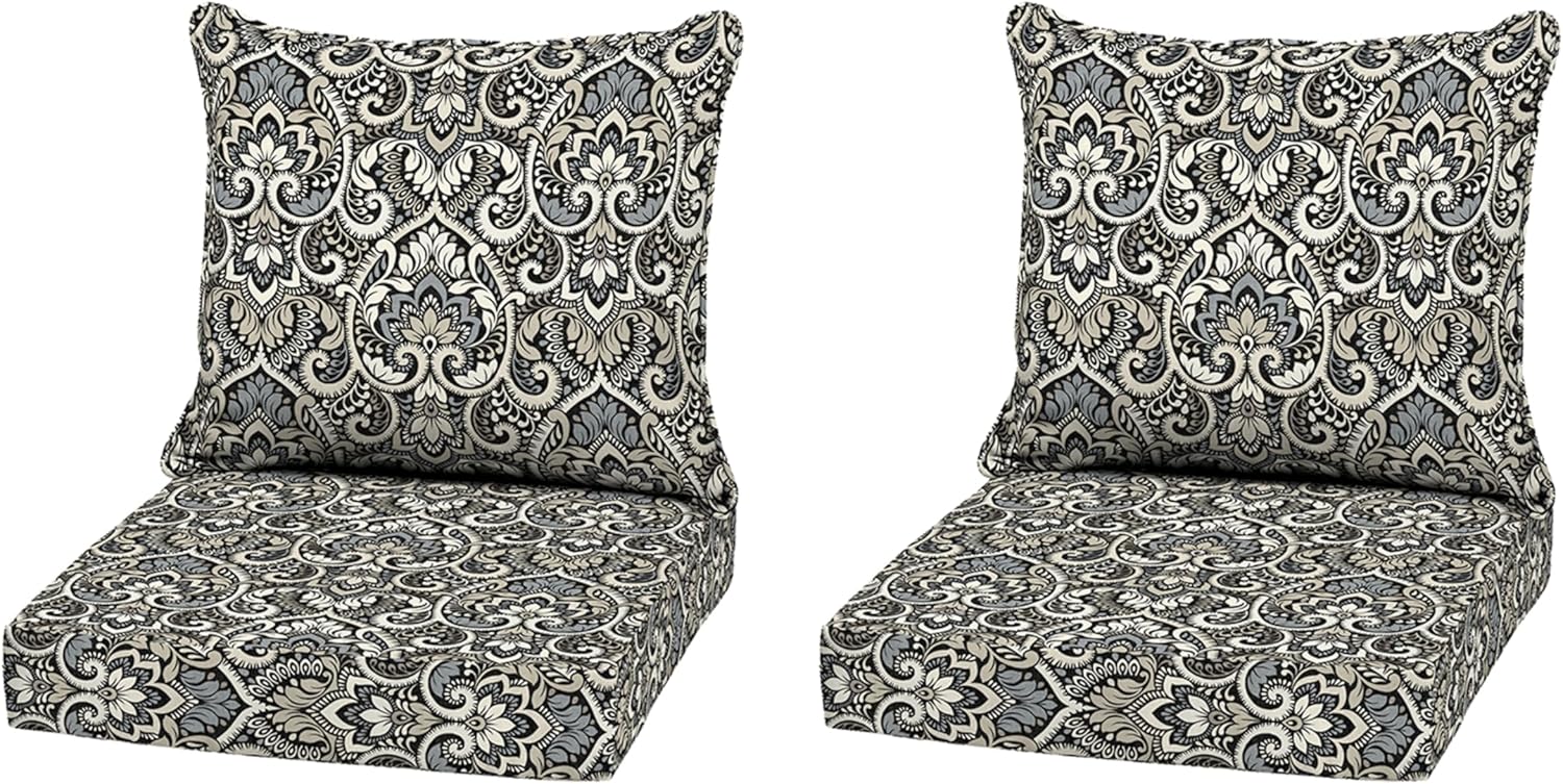 Arden Outdoor Deep Seat Cushion Set (2-Pack), 22 in x 24 in, Weather-Proof, Rain-Proof, Fade Resistant Patio Cushion for Chair, Sofa, and Couch Black Aurora Damask