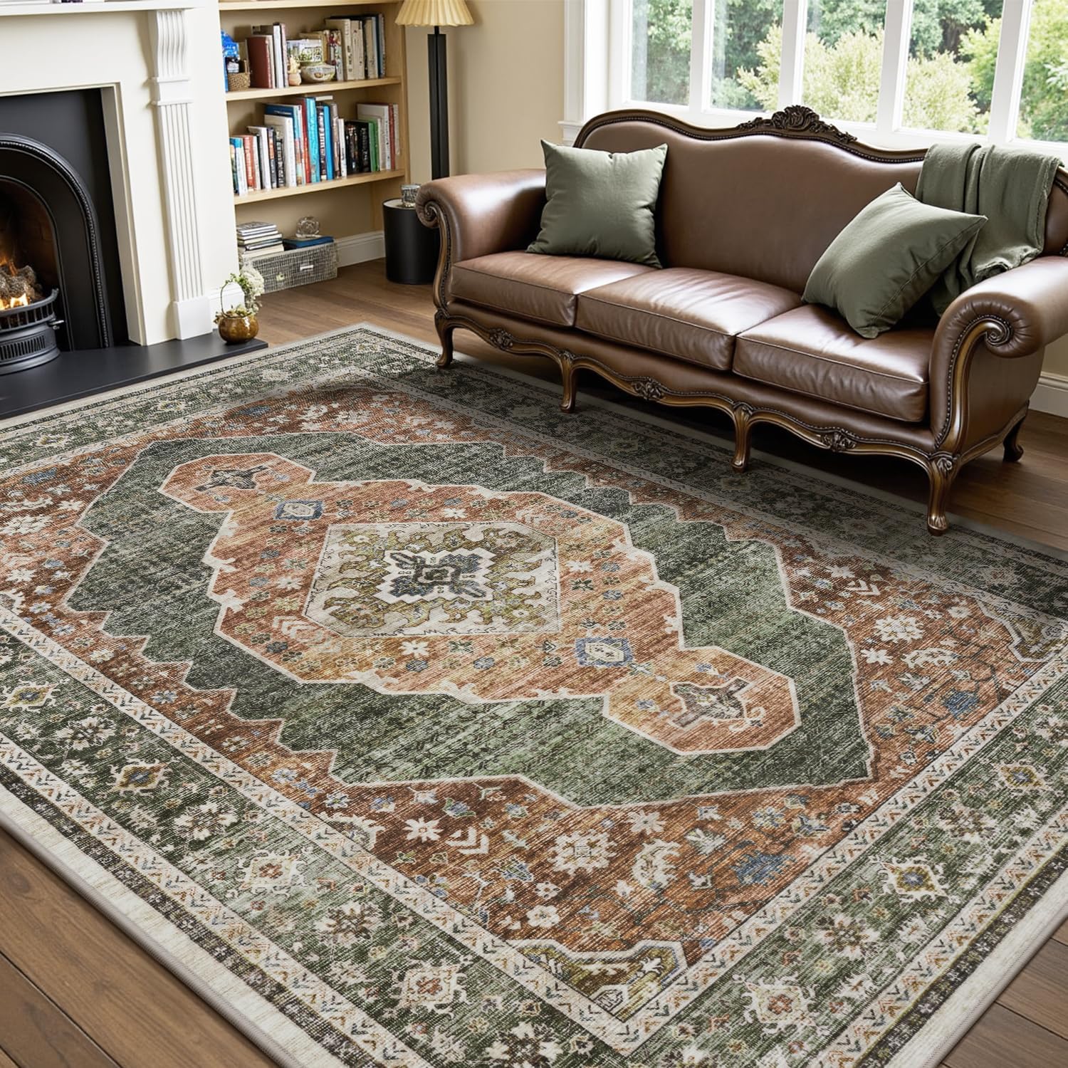Sage Green 9x12 Area Rugs for Living Room Bedroom Rug Machine Washable Rug Carpet Vintage Retro Oriental Dining Room Rugs Easy Clean Non Slip Farmhoue Rust Mint