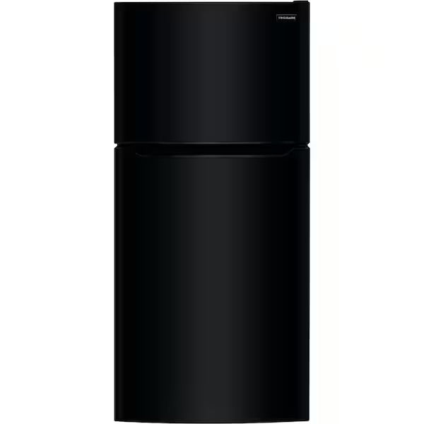 Black top-freezer refrigerator with a sleek, smooth surface and minimalist design.
