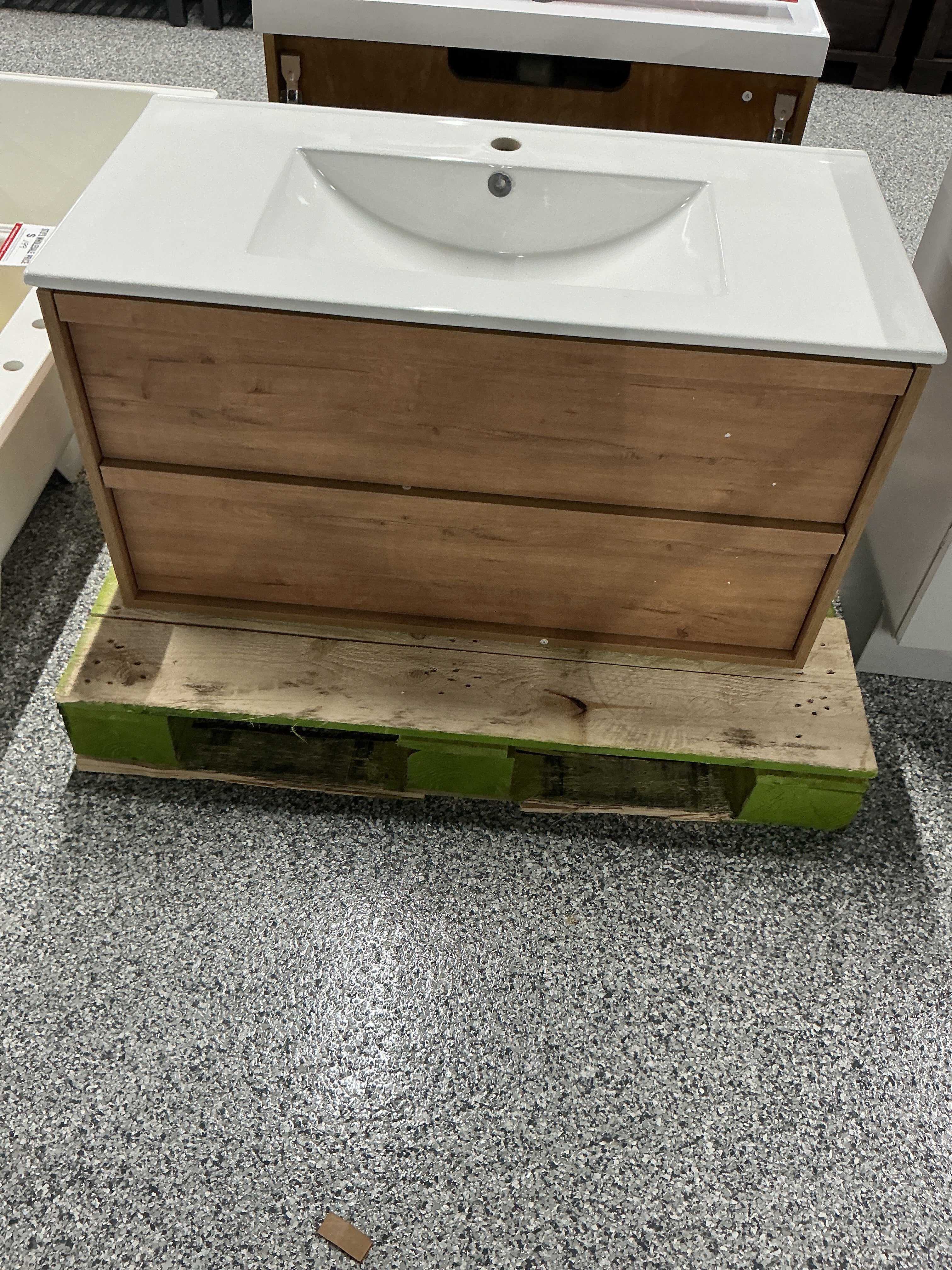 36' Ceramic sink in white with floating shelves