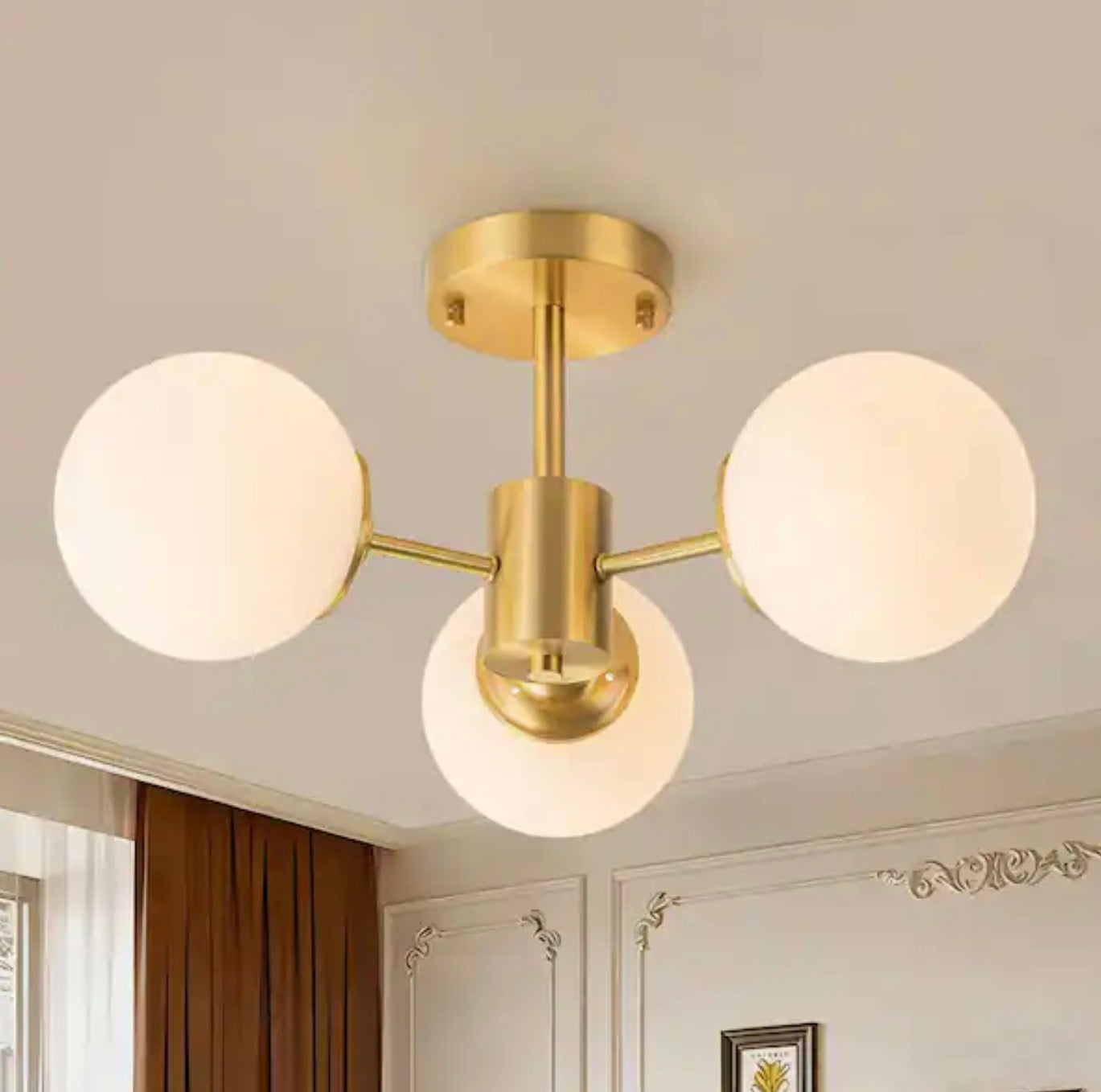 19 in. 3-Light Mid-century Sputnik Style Brass Semi-Flush Mount Ceiling Light with Opal Glass Shade