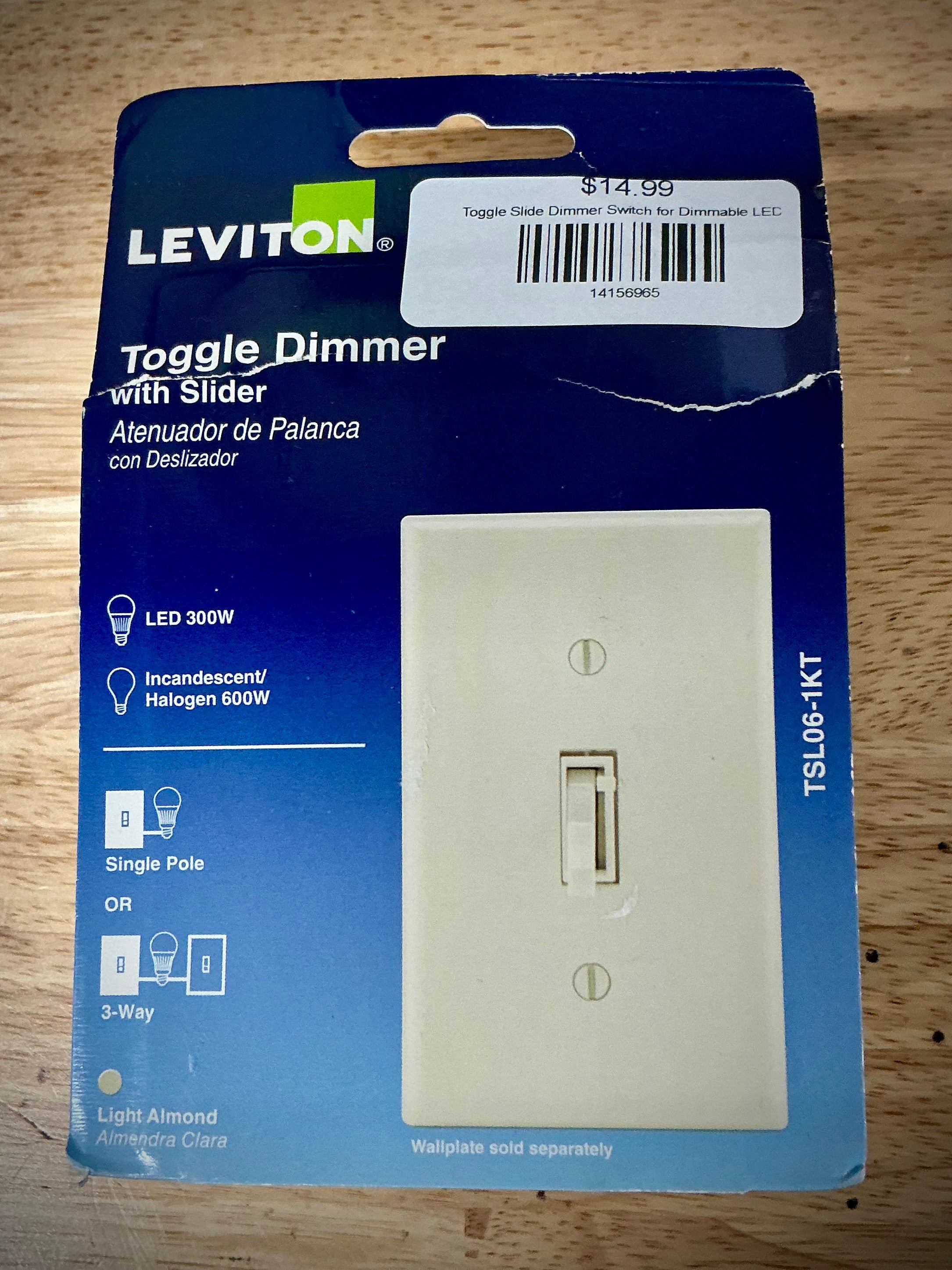 Toggle Slide Dimmer Switch for Dimmable LED, Halogen and Incandescent Bulbs - Light Almond TSL06-1KT