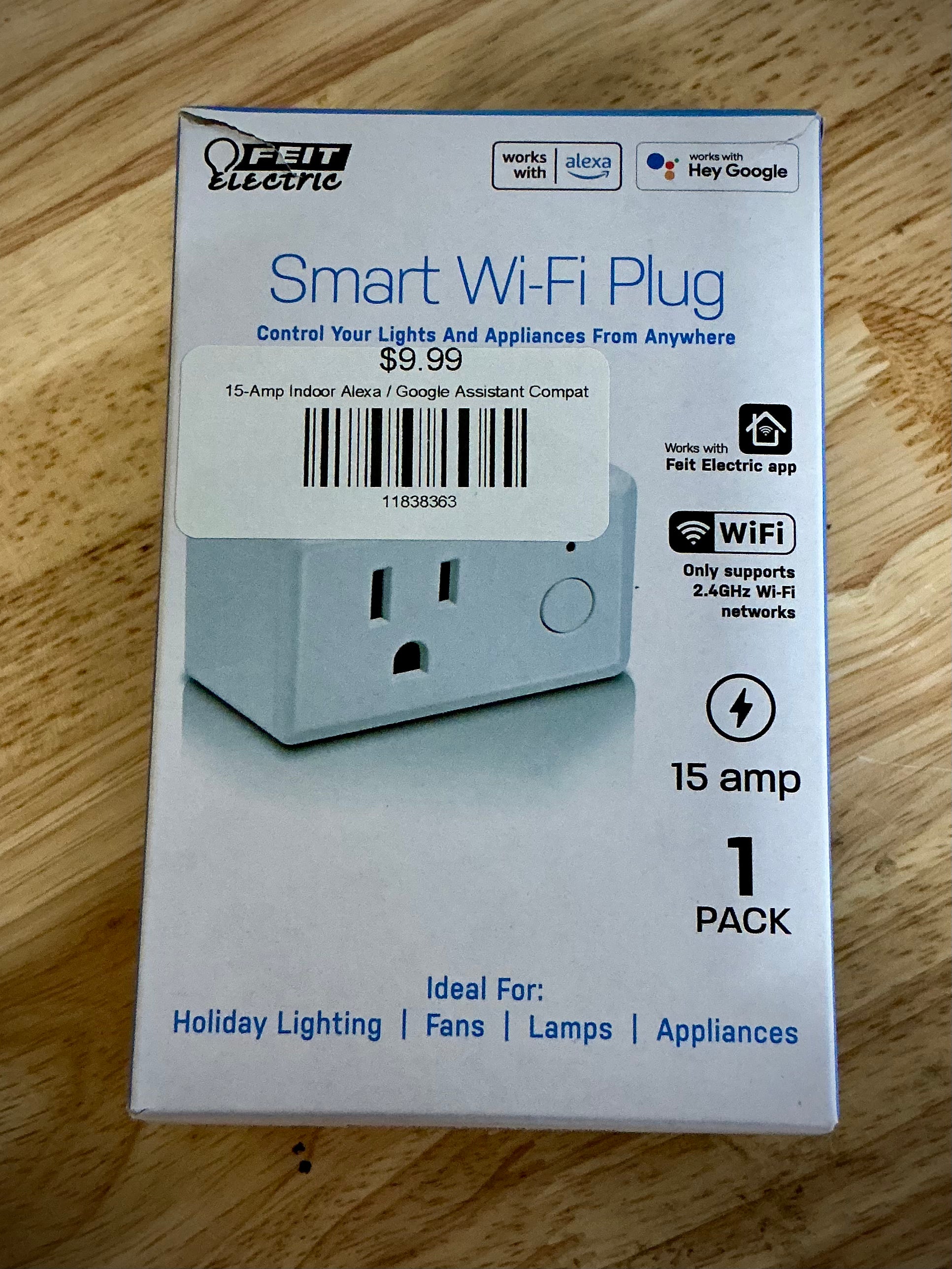 15-Amp Indoor Alexa / Google Assistant Compatible Plug-in Smart Wi-Fi Single Outlet Wall Plug, No Hub Required