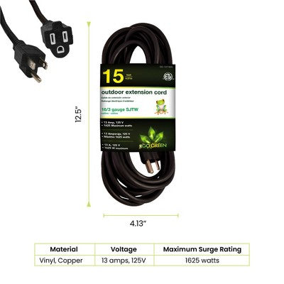 GoGreen Power (GG-13715BK) 16/3 SJTW Outdoor Extension Cord, Black, 15 ft