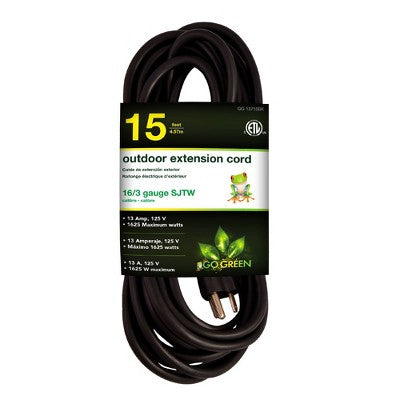 GoGreen Power (GG-13715BK) 16/3 SJTW Outdoor Extension Cord, Black, 15 ft