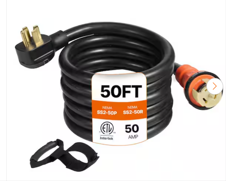VEVOR
50 ft. 50 Amp 250-Volt 12,000-Watt Black Cable Generator Power Cord ETL Listed Extension Cord