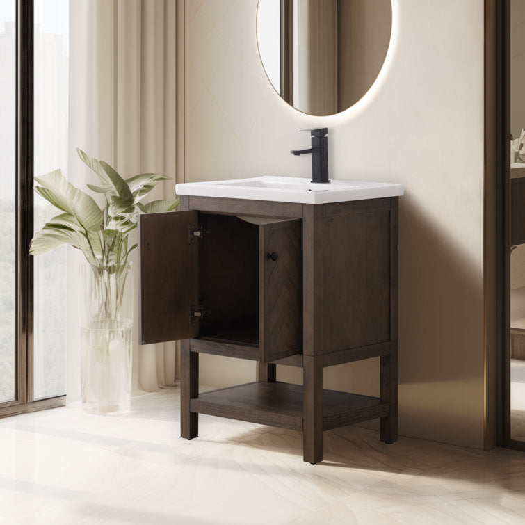 24" Herringbone Design Single Bathroom Vanity with Ceramic Top