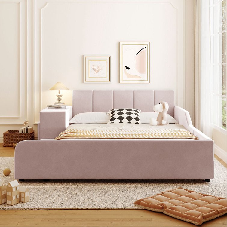 Upholstered Grounded Bed, Mother & Child Bed with Bedside Desk and Little Round Stool, Velvet - Stu's Home Improvement Outlet