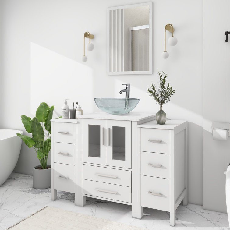 48” Bathroom Vanity Sink Combo with Glass Sink, Wood Top, 2 Side Cabinets, Faucet - Stu's Home Improvement Outlet