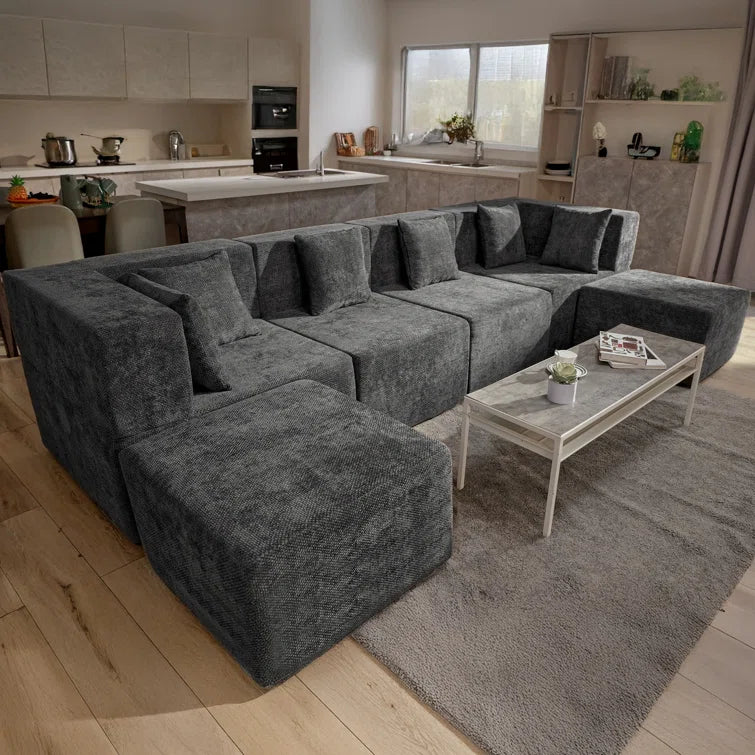 129"Cloud Modular Sectional Sofa with 2 Ottoman,Modern Minimalist Upholstered Couches, Comfort U Shaped Sofa for Living Room,Deep Seat Corner Couch,No Assembly Required