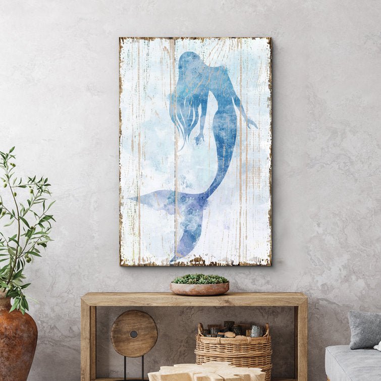 Blue Mermaid On Wood Effect Panel Nautical Coastal Beach Bathroom Decor Canvas Prints Wall Art - Stu's Home Improvement Outlet