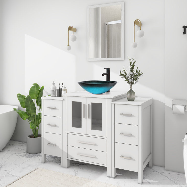 Eclife 48“ Single Bathroom Vanity Set with Glass Vessel Sink, Manufactured Wood Top, Water Resistant, Zinc Alloy Faucet