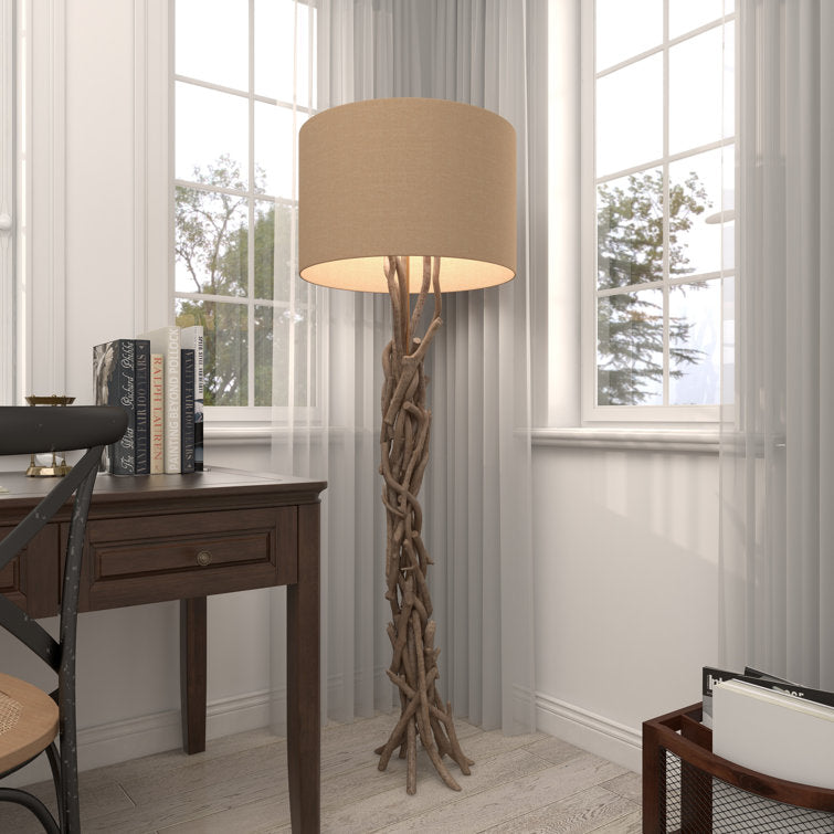 Driftwood Handmade Room Floor Lamp with Beige Linen Shade