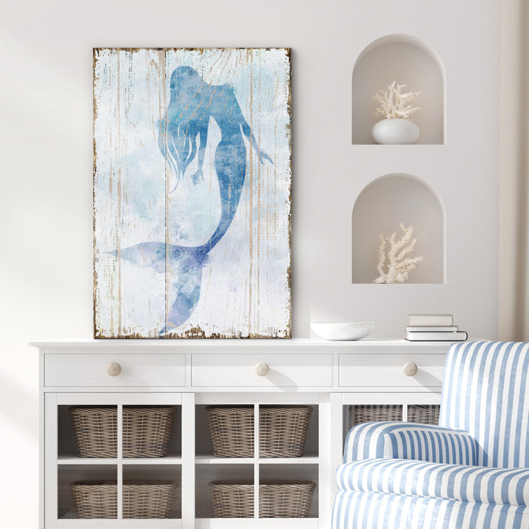 Blue Mermaid On Wood Effect Panel Nautical Coastal Beach Bathroom Decor Canvas Prints Wall Art