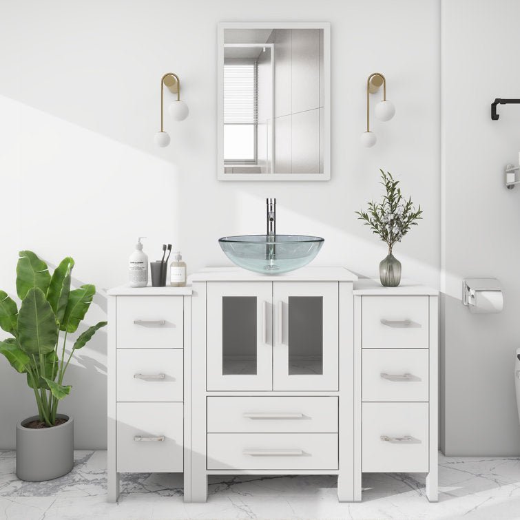 48” Bathroom Vanity Sink Combo with Glass Sink, Wood Top, 2 Side Cabinets, Faucet - Stu's Home Improvement Outlet