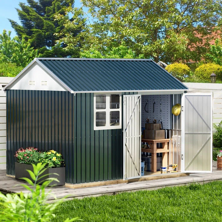 10x 8 FT Outdoor Steel Storage Shed With Lockable Doors And Window, Perfect For Garden, Backyard, And Patio Storage