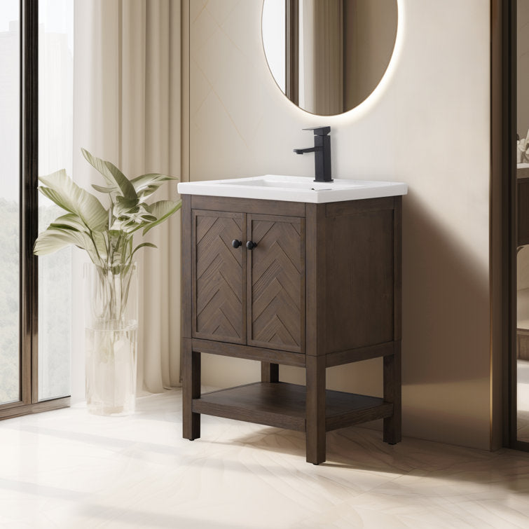 24" Herringbone Design Single Bathroom Vanity with Ceramic Top