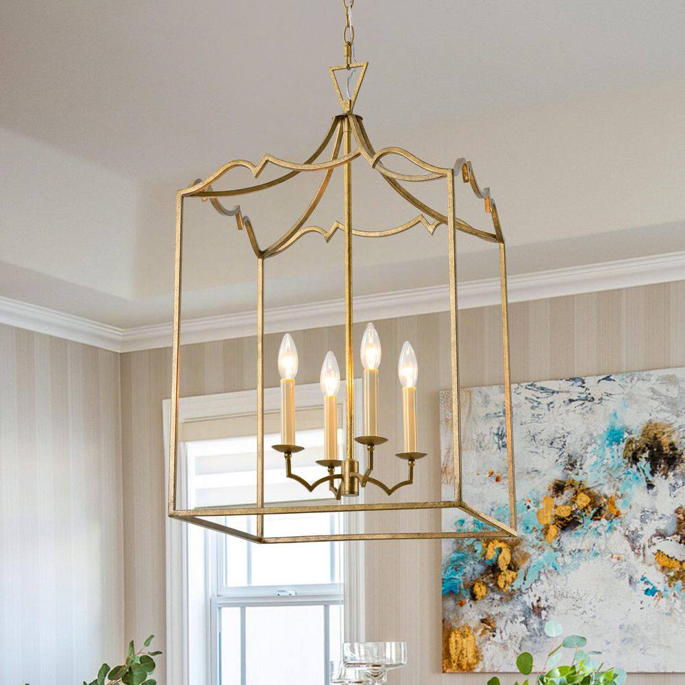 HUOKU Haven 4-Light 17.3 in. W Aged Gold Chandelier with Open Cage Vintage Frame for Living Room, Dining Room and Bedroom