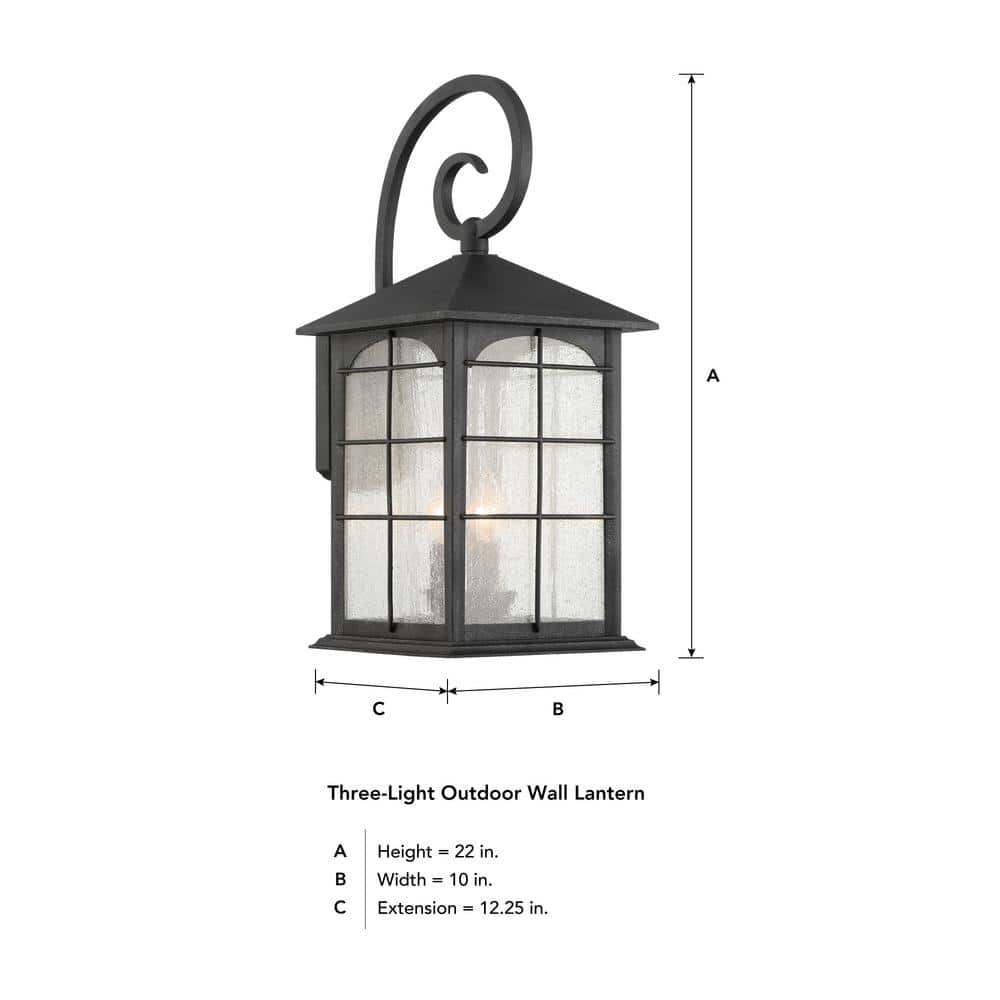 Brimfield 22 in. Aged Iron 3-Light Line Voltage Outdoor Wall Light Sconce with No Bulbs Included