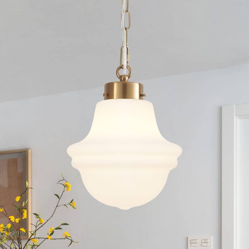 Myrtis 8.26 in. 1-Light Antique Brass Schoolhouse Metal Pendant Light with Frosted Opal Glass Shade Adjustable Pendant