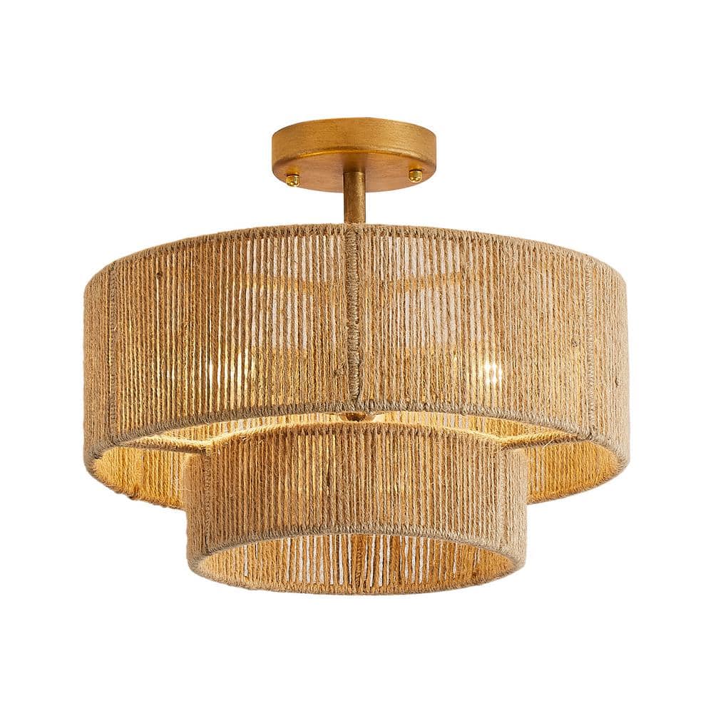 Flint Garden 15.4 in. 3-Light Bohemian Antique Gold 2-Tier Drum Semi- Flush Mount with Natural Jute Rope Shade