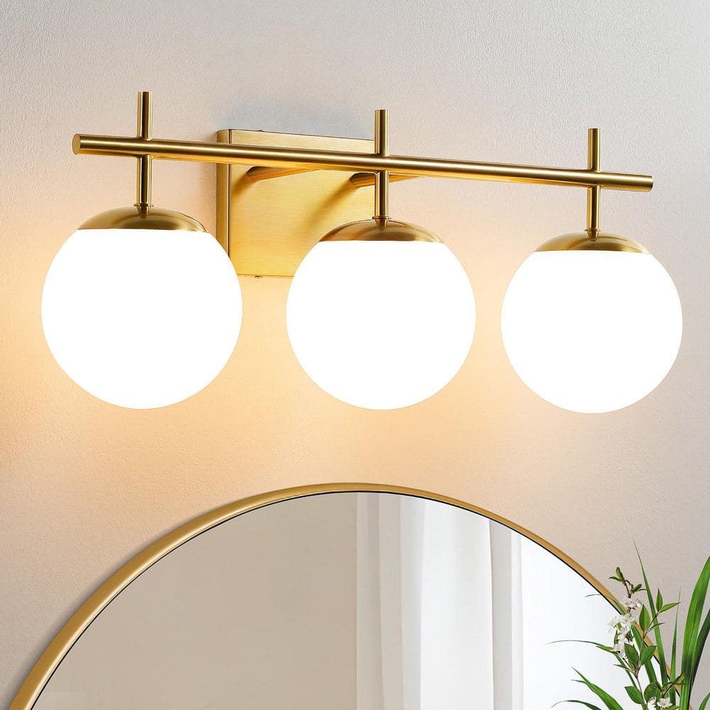 22 in. 3 - Light Antique Gold Vintage Brass Globe Clear and Frosted Glass Shades Farmhouse Urban Bathroom Vanity Light - Stu's Home Improvement Outlet