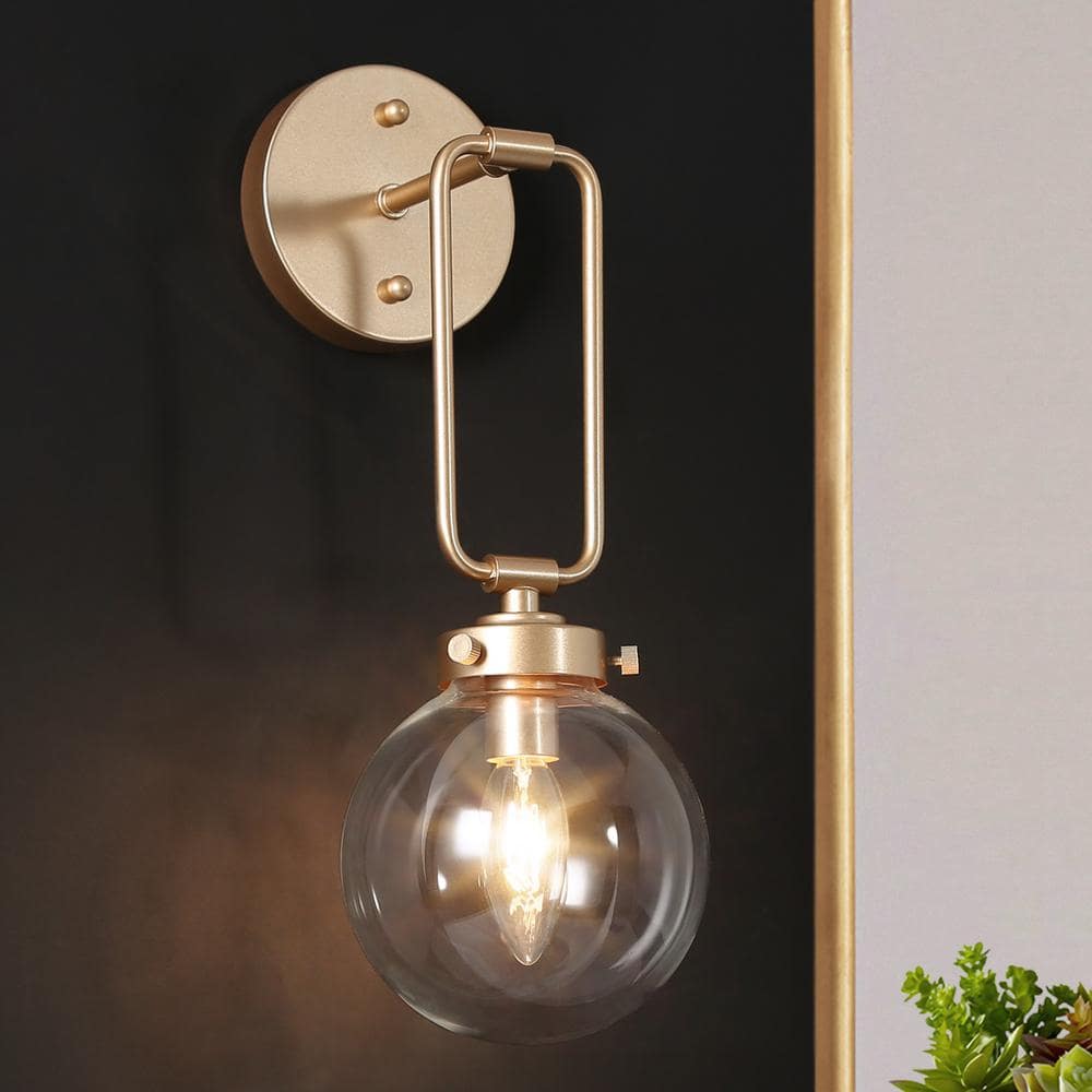 Modern Globe Wall Sconce Light Naomi 1-Light Antique Gold Dome Wall Light with Clear Glass Shade