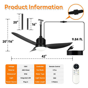 42 in. Indoor/Outdoor Black Waterproof Gazebo Ceiling Fans with Lights Patio Hanging, Plug in for Farmhouse Porch - Stu's Home Improvement Outlet