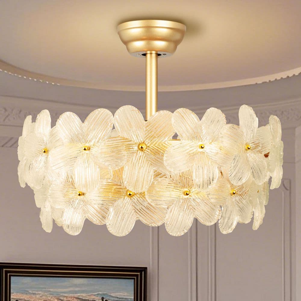 22 in. Indoor Gold Glass Flower Ceiling Fan with Light, Caged Fandelier with Remote Control, 6 - Speeds for Bedroom - Stu's Home Improvement Outlet