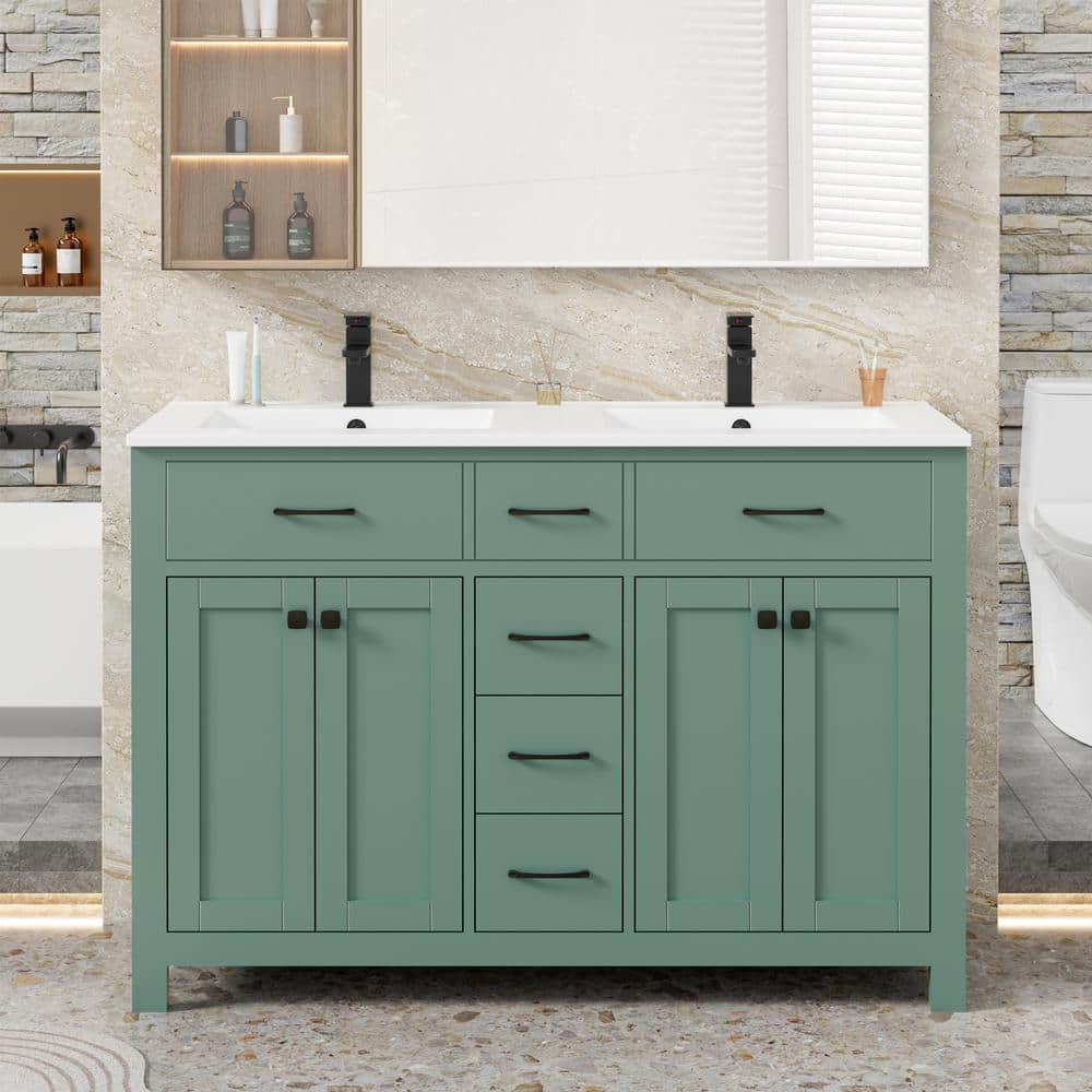 48 in. W x 18 in. D x 34 in. H 2-Sink Freestanding Bath Vanity in Green with White SMC Resin Top and Drain Faucet Set