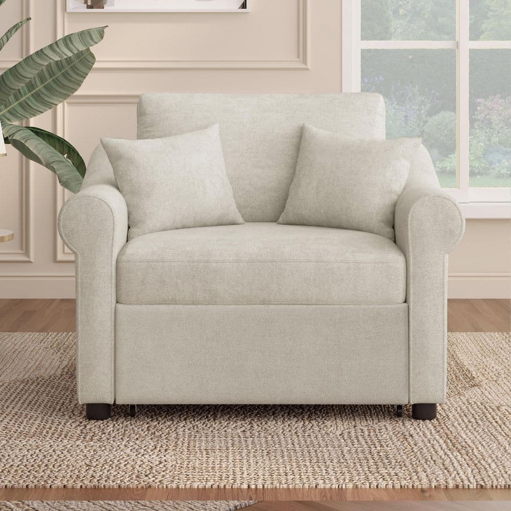 Diana Beige 40.2 in. Chenille Upholstered Accent Chair with Adjustable Backrest, 3 in 1 Convertible Sleeper Chair Bed - Stu's Home Improvement Outlet