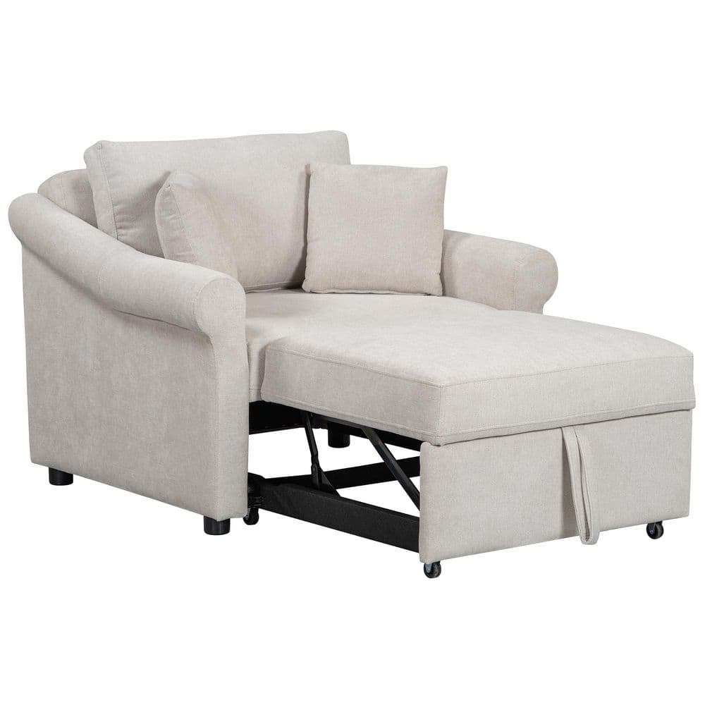Diana Beige 40.2 in. Chenille Upholstered Accent Chair with Adjustable Backrest, 3 in 1 Convertible Sleeper Chair Bed - Stu's Home Improvement Outlet