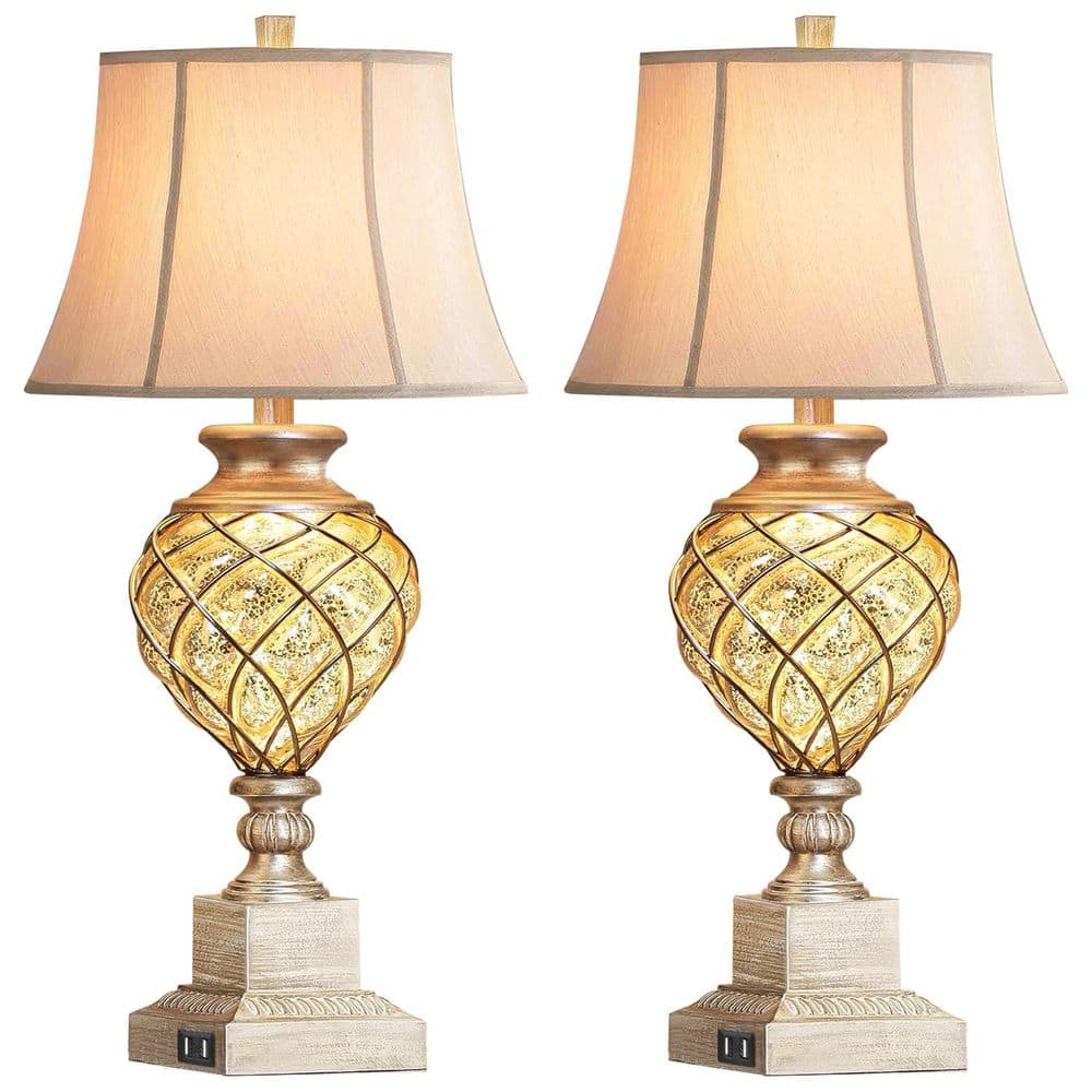 29 in. Beige Tall Bedside Lamp with Night Light, Vintage Table Lamps with Usbs Faux Silk Shade for Living Room End Table - Stu's Home Improvement Outlet