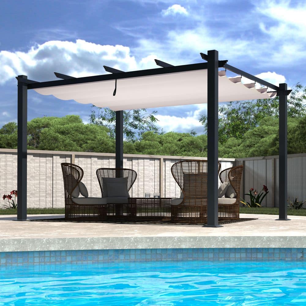 10 ft. x 13 ft. Beige Aluminum Outdoor Patio Pergola with Retractable Sun Shade Canopy Cover