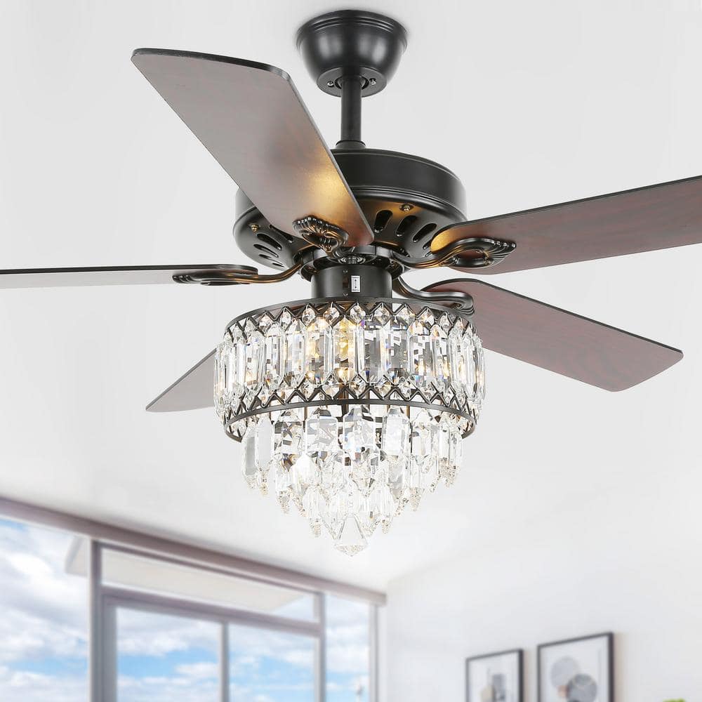 Luminelle 52 in. Indoor Black Crystal Caged Ceiling Fan with Light Kit and Remote, 5-Reversible Blades