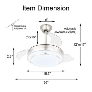 36 in. LED Brushed Nickel Indoor Retractable Ceiling Fan with Dimmable Light and Remote Reversible Motor - Stu's Home Improvement Outlet