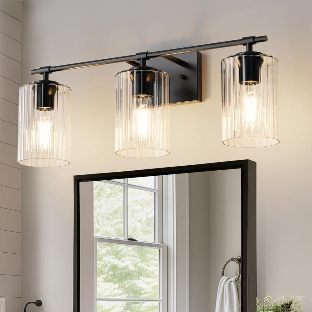 24 in. 3-Light Black Vanity Light with White Cylinder Glass Shades for Bathroom, Mirror, Vanity Area