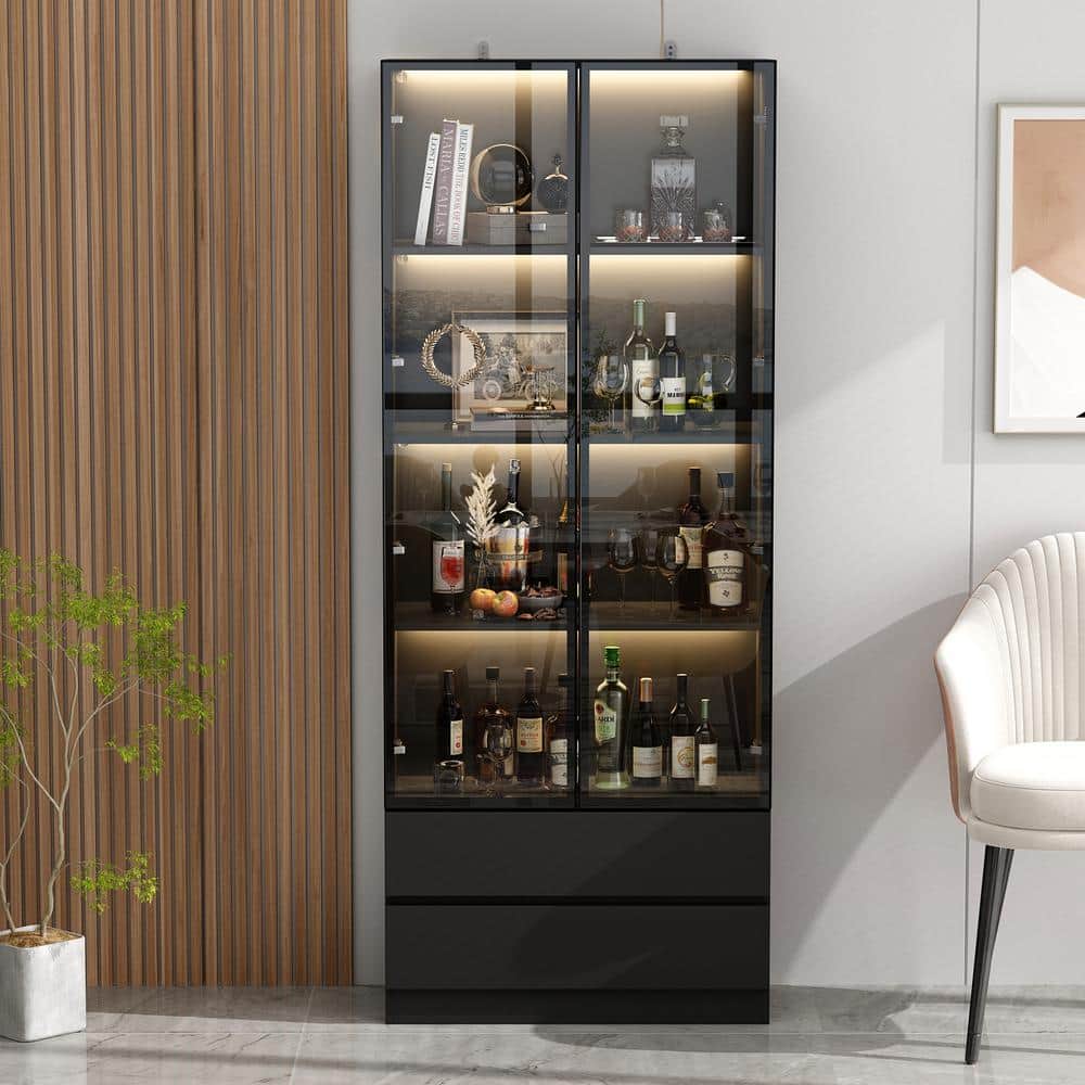 FUFU&GAGA 78.7 in. Black Wooden Accent Storage Cabinet With 2-Glass Doors, Drawers, Multiple Shelves, LED Lights