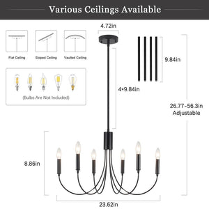 6 - Light Black Industrial Dining Room Candle Chandelier Modern Farmhouse Pendant Light - Stu's Home Improvement Outlet