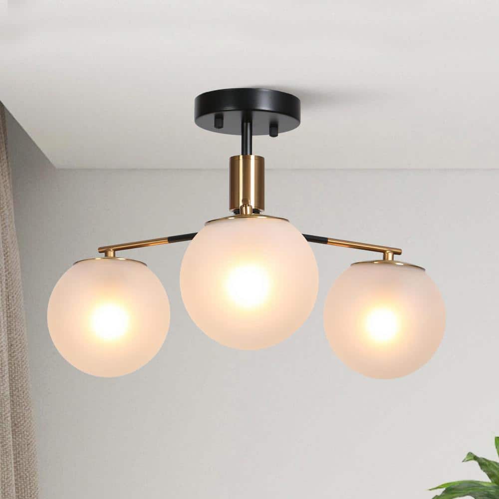 Modern 19 in. 3 - Light Black and Brass Semi - Flush Mount with Frosted Globe Glass Shades - Stu's Home Improvement Outlet