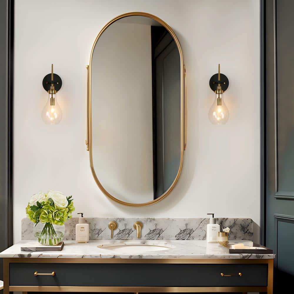 15 - in H. Modern Bedroom Teardrop Wall Sconce 1 - Light Black and Brass Gold Bathroom Vanity Light with Clear Glass Shade - Stu's Home Improvement Outlet