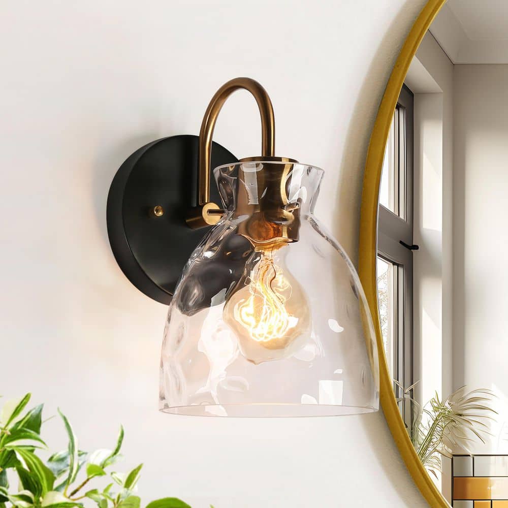 1-Light Black and Gold Wall Sconce with Bell Ripple Glass Shade