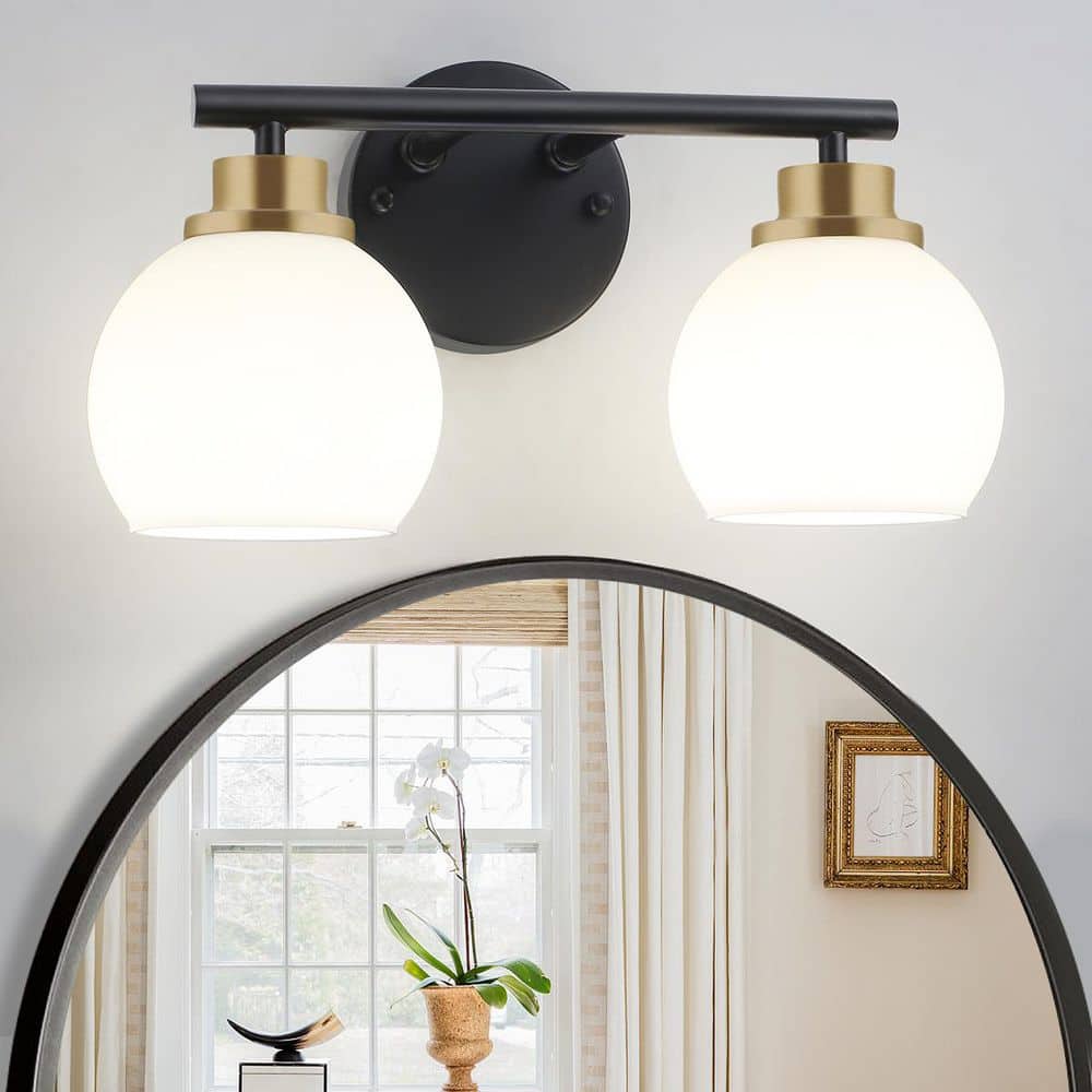 14.6 in. 2-Light Black and Gold Vanity Light with White Frosted Glass Shades