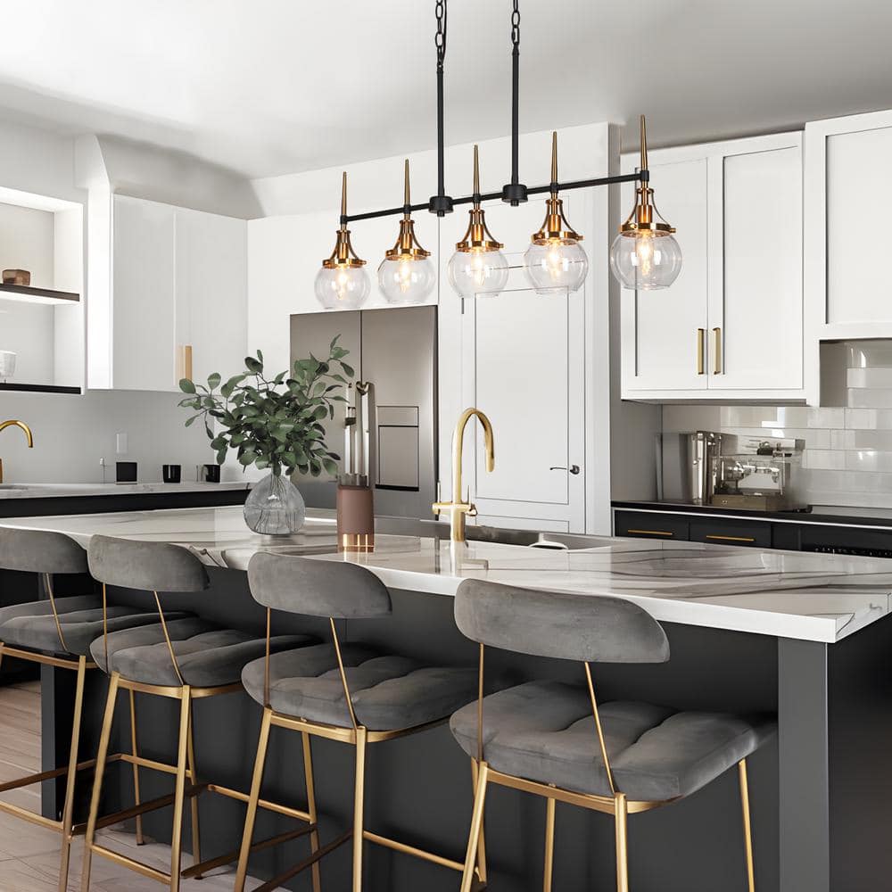 36 in. Transitional 5 - Light Black and Brass Linear Chandelier with Clear Globe Glass Shades for Kitchen Island - Stu's Home Improvement Outlet